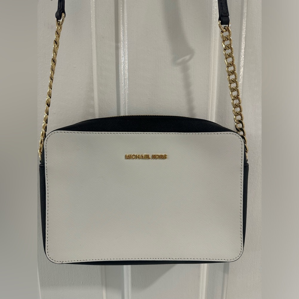 Michael Kors Black and White Crossbody Bag with Gold Chain